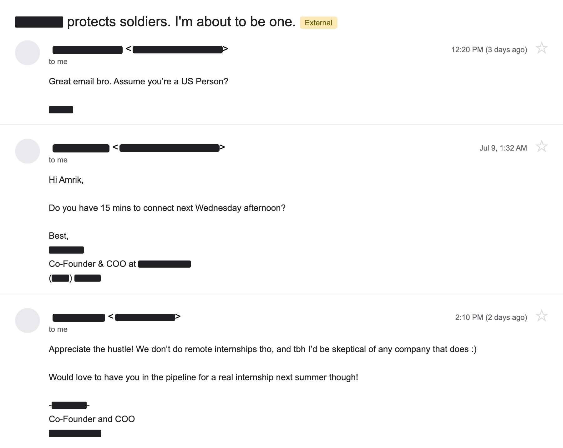 Real replies from founders and executives, names and companies redacted